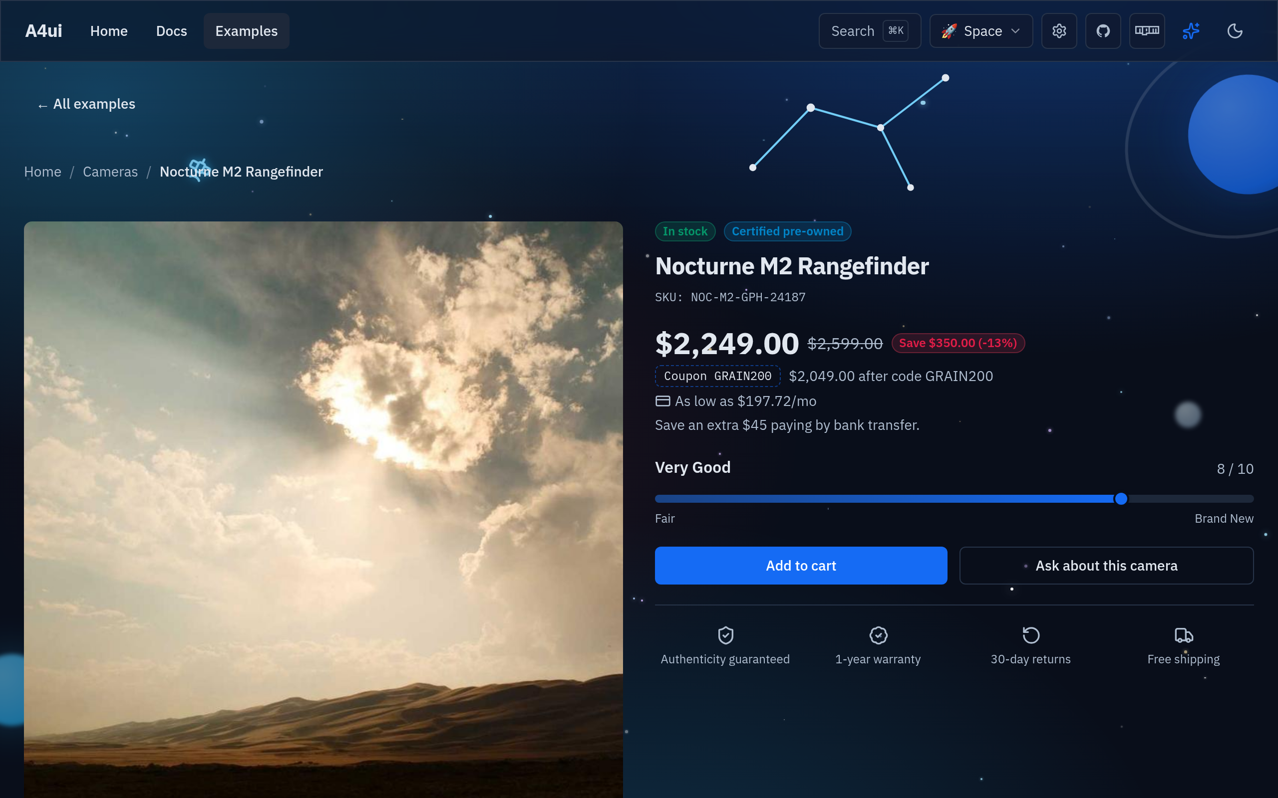 Showpiece — a product detail page with a gallery lightbox, price/coupon/financing block, a condition meter, and a spec sheet